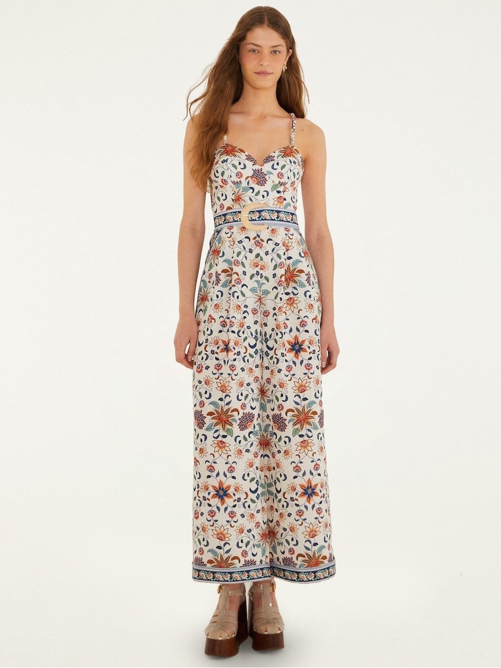 NWT FARM RIO Soft Pink Floral Delhi Tapestry Belted Jumpsuit